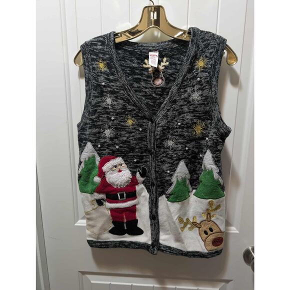 Ugly Christmas Sweater Vest Size S Santa Reindeer Gold Felt Rudolph Holiday Time - Picture 1 of 11